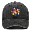 Casquette de baseball en denim noir délavé avec broderie 3D de cube magique coloré - Noir / Réglable