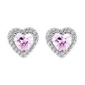 Classic silver heart earrings with pink cubic zirconia and white diamond halo - Heart-Shaped A Pink Zirconia