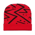 Red knit beanie with black geometric heart patterns and a cuffed design for winter - Red and Black Graffiti Pattern (S)