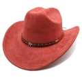 Close-up of coral pink suede cowboy hat with star-studded leather band and curved brim - M (56-58cm) / Caramel color