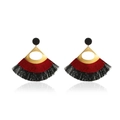 Exquisite gold fan-shaped stud earrings with red and black silk fringe tassels - Black Red