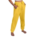 Detail view of yellow jogger pants featuring drawstring elastic waist and side pockets - Yellow