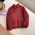 Women's burgundy zip-up fleece jacket with a high collar and cozy warm texture - Red