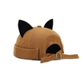 Brown cat ear dock cap with black ears and adjustable metal buckle strap detail - Plain Camel