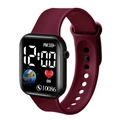 Detail view of burgundy digital watch screen showing steps, heart rate and time display - Red