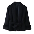 Detail of luxurious faux fur cuffs and matching waist tie on a black wool coat - S / Black