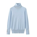 Slim fit light blue turtleneck sweater for women with gold button sleeve details - Sky Blue