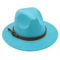 Detail of a bright blue wool fedora hat featuring a brown leather belt with metal buckle - M (56-58cm) / Lake Blue (Yellow Rope)