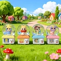 Detailed set of four colorful panda bamboo crystal balls in a fairy house base design - 2555# (lights + Snowflakes)