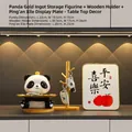 Cute panda desktop organizer set with golden tray and wooden key rack for home decor - Panda Yuanbao Storage Combo Set A