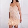 Abito champagne con paillettes e nappe con bordo in piume per le feste - S / Beige