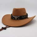 Close-up of caramel western cowboy hat with leather band, silver bull head and gold studs - M Adult One Size (56-58cm) / Khaki