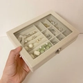 Macro detail of velvet jewelry box featuring transparent glass lid and ring slots - Beige Velvet Flip Jewelry Box
