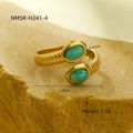 Gold plated stainless steel bypass ring featuring two oval green natural stones - One Size / Green