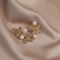 Golden butterfly brooch with white pearls and crystals on champagne silk background - 414# Pearl Butterfly