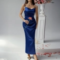 Elegant slim fit blue satin slip dress with ruched detail and long silhouette - S / Blue