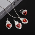 Silver-tone heart jewelry set featuring red crystal necklace, earrings and open ring - Necklace Earrings Ring Set / Red