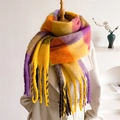 Close-up of fluffy mohair texture and colorful plaid patterns on a thick winter scarf - Yellow Orange Purple Pink Patchwork (WJ137-30)
