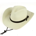 Western straw cowboy hat with wide brim, faux leather band and adjustable chin strap - 58cm One Size / Cream