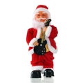 Electric Santa Claus doll holding a black electric guitar with red and white suit - Foot Moving Guitar Santa