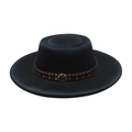 Classic black wool jazz fedora hat with wide brim and studded brown leather band decoration - One Size(56-58cm) / Black (Metal Gear)
