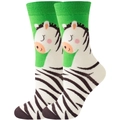 Detail of soft cotton crew socks with vibrant zebra pattern and pink cheeks design - Green Zebra