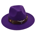 Detail of purple fedora hat with brown leather band and silver bull head metal buckle - One Size(Adjustable) / Purple