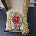 Iced-out hip hop watch set with red dial and two matching Cuban bracelets in silver and gold - Red Watch + Gold Bracelet and Necklace