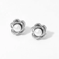 Silver flower stud earrings with layered petals and a white pearl center - Silver Camellia Flower Earrings D2849