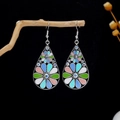 Bohemian silver drop earrings with colorful floral enamel and white crystal accents - Colorful Floral Rhinestone Teardrop Style (E5784-1)