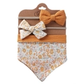 Three-piece baby cotton muslin set featuring floral bib and matching bow headbands - Mustard Yellow Floral