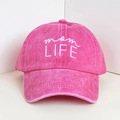 Detail of mom LIFE white embroidery on washed fuchsia pink cotton baseball cap - Washed Rose Red