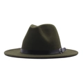 Classic dark green wool fedora hat featuring a decorative black buckled leather belt - M / Army Green