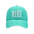 Detail of mint green washed cotton baseball cap featuring triple MAMA 3D embroidery - One Size / Lake Blue (MAMA Style)