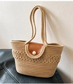 Beige woven straw tote bag with brown leather flap and large pearl bead closure - Medium Hollow Khaki No Silk Scarf