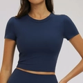 Slim fit navy blue short sleeve crop top yoga t-shirt for women sport and fitness - S / Navy Blue