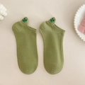 Grass green low-cut cotton socks featuring a 3D cute cartoon frog embroidery on the heel - Green