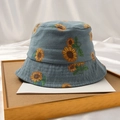 Blue canvas bucket hat with sunflower pattern for baby sun protection in summer - Sunflower Denim - Foggy Blue