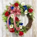Patriotic red white blue floral wreath with buffalo plaid bow on grapevine base - Style 4