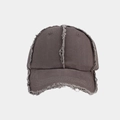 Detail of distressed raw edges and vintage canvas texture on a dark brown baseball cap - Adjustable / Dark Gray