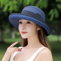 Navy blue woven straw hat with black ribbon bow for elegant summer sun protection - One Size(Adjustable) / Navy Blue