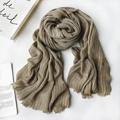 Olive green linen cotton scarf with white vertical stripes and fringed edges - 1477 Modal Khaki