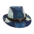 Chapeau fedora en denim pour enfants avec bandeau ethnique et ornement crâne de buffle - Taille Enfant (Pincé sur le dessus) / Bleu Royal
