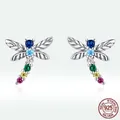 S925 sterling silver dragonfly stud earrings with colorful zircon gemstones wings - 925 Silver / Colorful Dragonfly