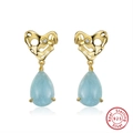 925 silver golden heart earrings with clear zircon and light blue teardrop gemstone - Light Blue Teardrop Heart - Gold