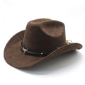 Dark brown faux suede western cowboy hat with golden studs and silver bull skull ornament - M (56-59cm) / Brown (Suede)