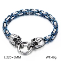 Punk steel Byzantine bracelet with blue accents and double skull charms for men - Blue