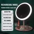 Pink LED desktop makeup mirror with three-color dimming and large storage base tray - Rechargeable 3 Color Lights / Sakura Pink
