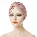 Pink and beige two-tone twisted turban hat with pleated front cross design for women - Pink & Beige