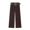 Fashionable high-waist wide-leg trousers in dark brown with a matching leather gold belt - XS / Dark Brown
